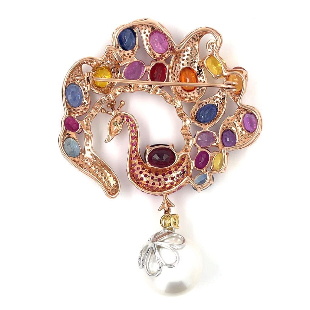 14k Rose Gold Peacock Brooch w/ Appx 21ct Sapphire&Ruby, 2ct Diamond, 15mm Pearl