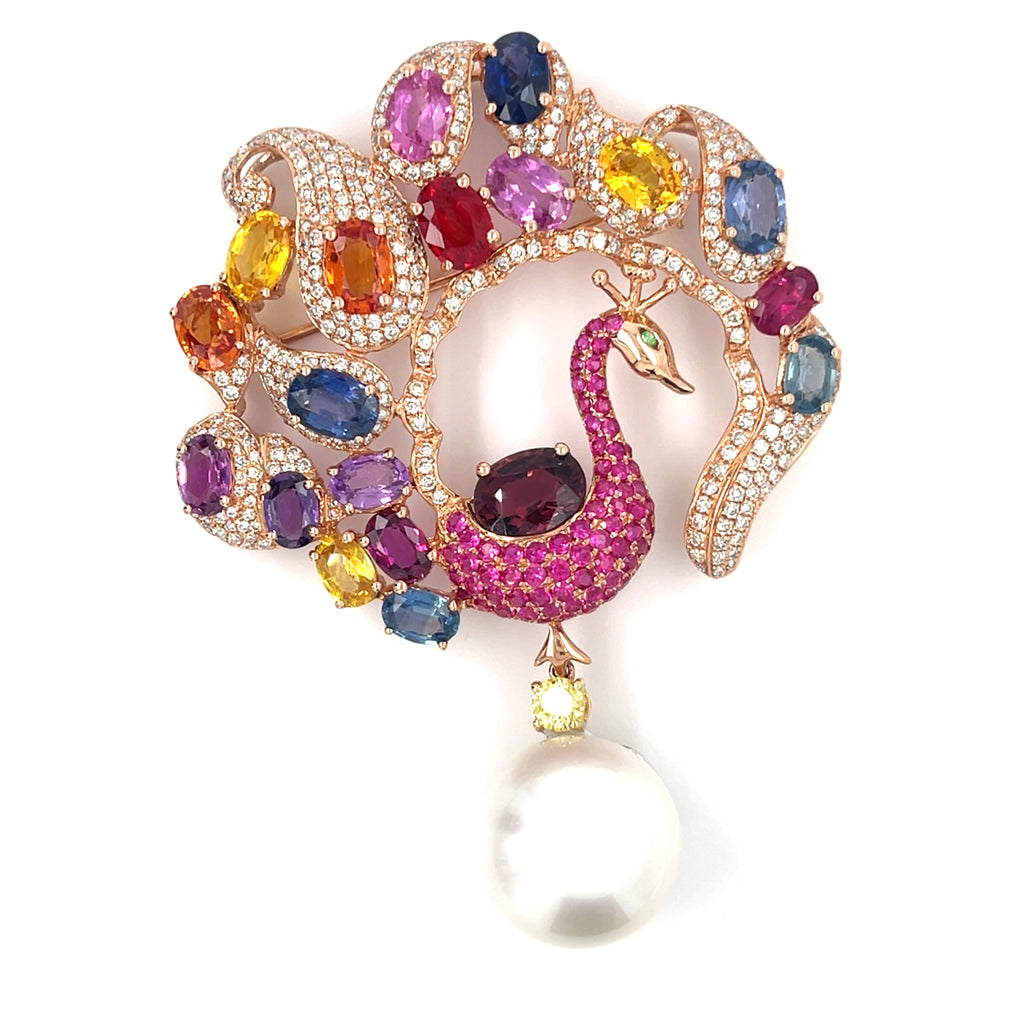 14k Rose Gold Peacock Brooch w/ Appx 21ct Sapphire&Ruby, 2ct Diamond, 15mm Pearl