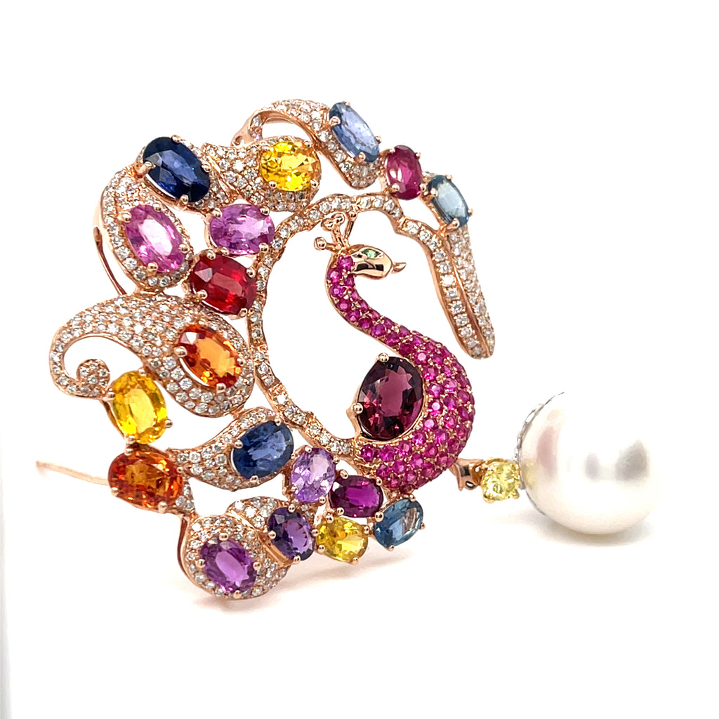 14k Rose Gold Peacock Brooch w/ Appx 21ct Sapphire&Ruby, 2ct Diamond, 15mm Pearl
