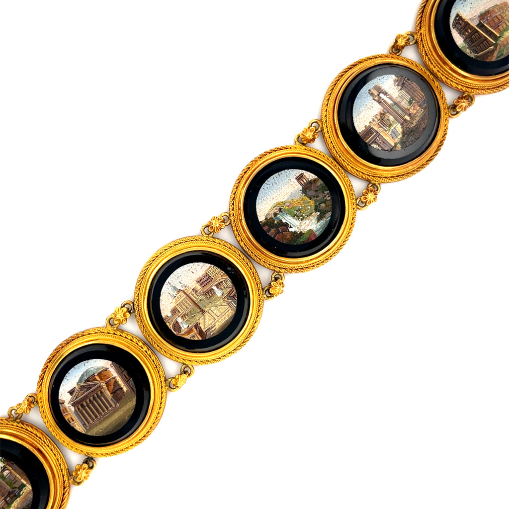 18k Yellow Gold Victorian Italian Micromosiac Station Bracelet 6.5" 50.9 grams