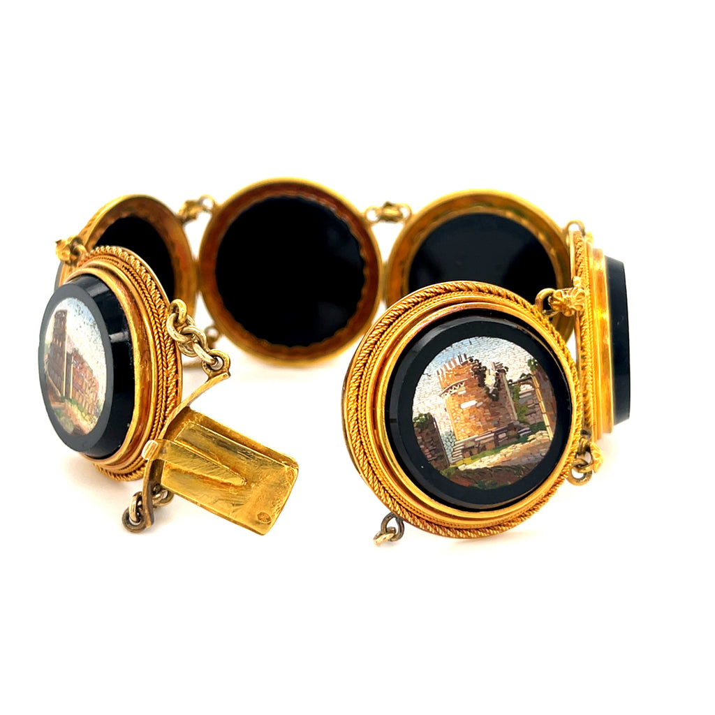 18k Yellow Gold Victorian Italian Micromosiac Station Bracelet 6.5" 50.9 grams