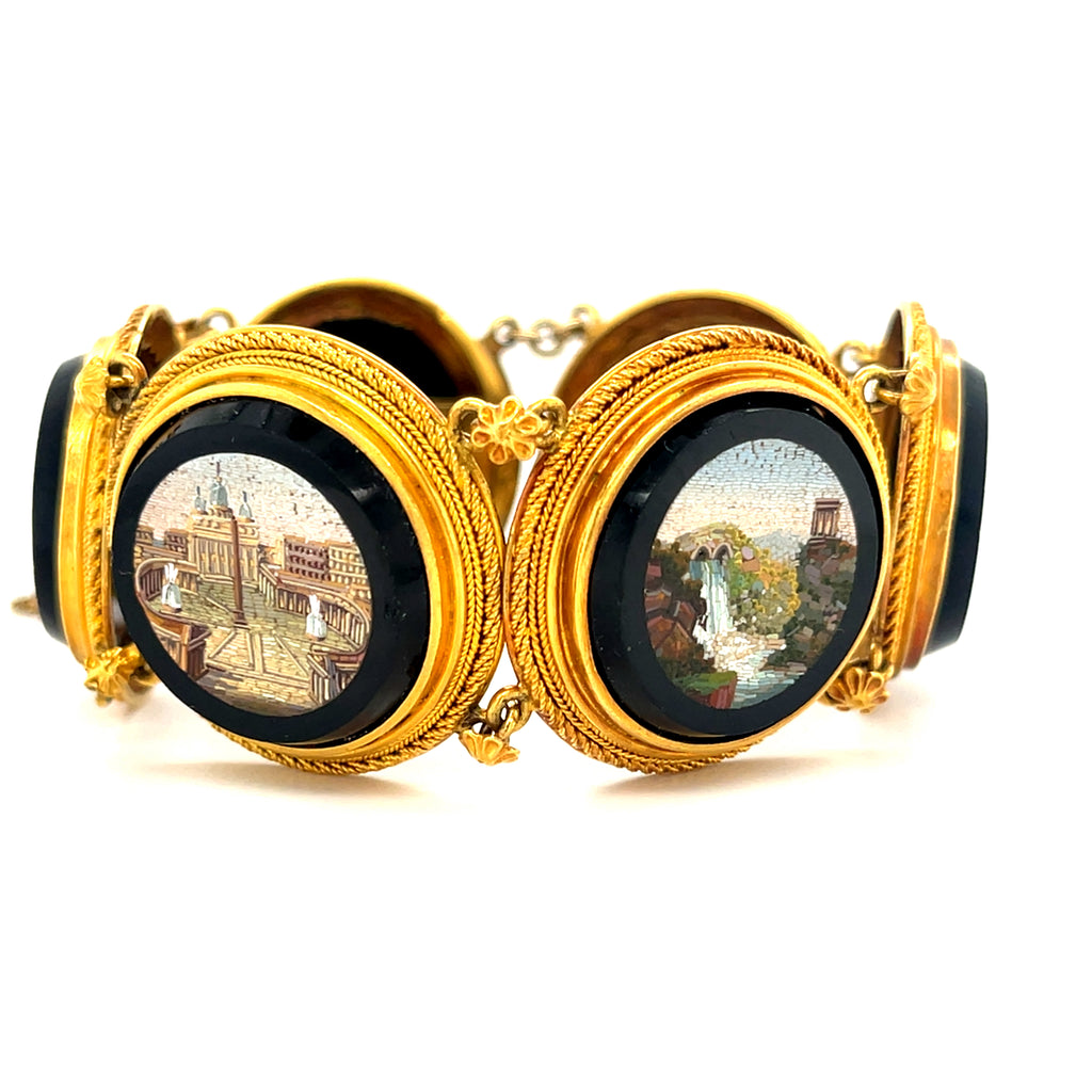 18k Yellow Gold Victorian Italian Micromosiac Station Bracelet 6.5" 50.9 grams