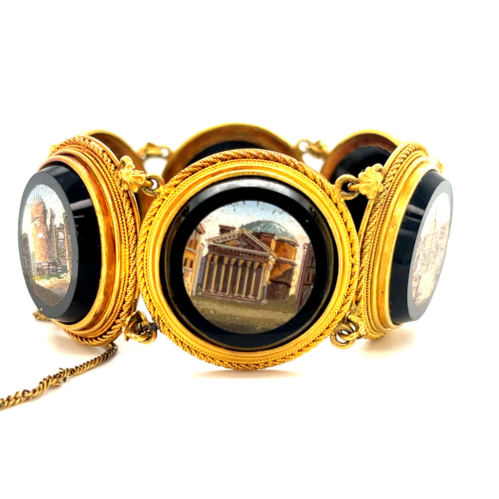 18k Yellow Gold Victorian Italian Micromosiac Station Bracelet 6.5" 50.9 grams