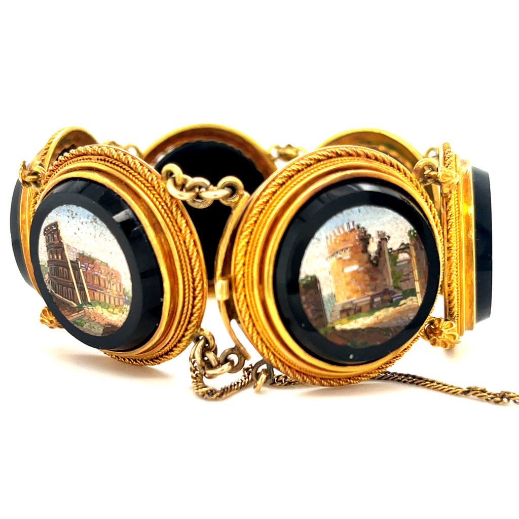18k Yellow Gold Victorian Italian Micromosiac Station Bracelet 6.5" 50.9 grams
