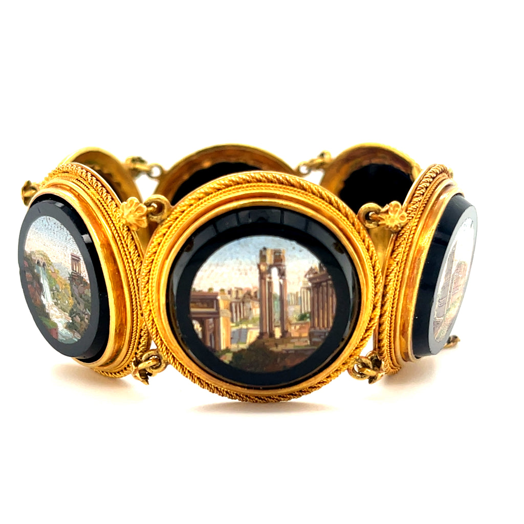 18k Yellow Gold Victorian Italian Micromosiac Station Bracelet 6.5" 50.9 grams