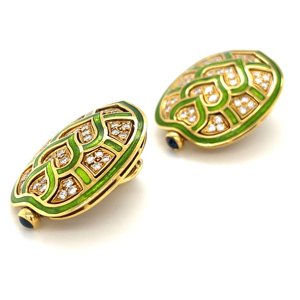 Judith Leiber 18k Yellow Gold Enamel 1.35ct Diamond & 0.30ct Sapphire Earrings