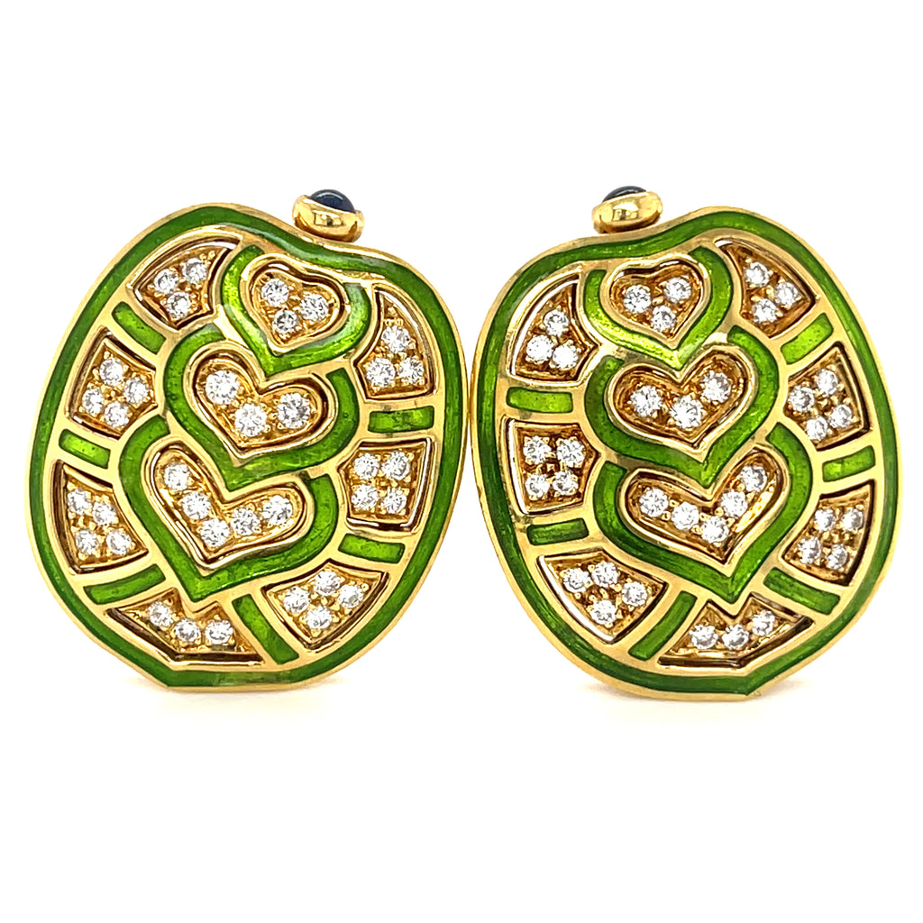 Judith Leiber 18k Yellow Gold Enamel 1.35ct Diamond & 0.30ct Sapphire Earrings
