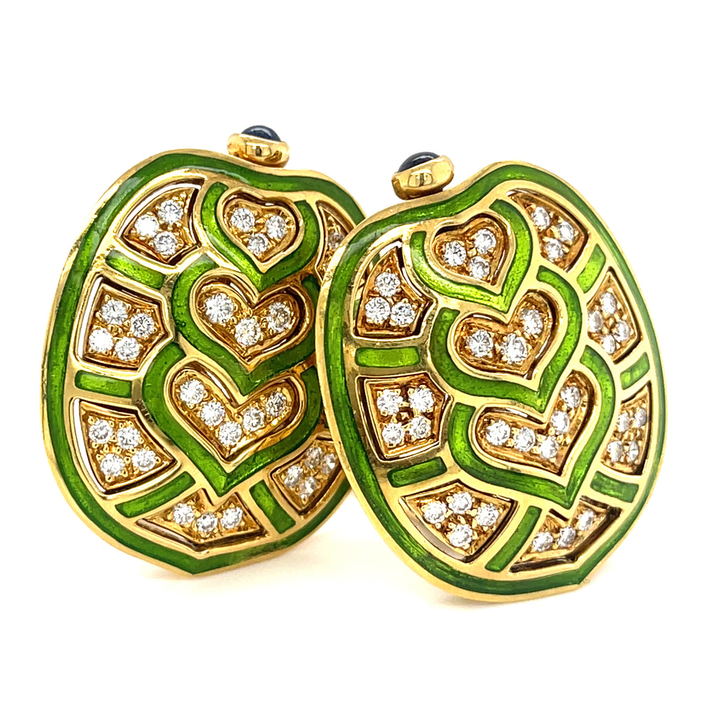 Judith Leiber 18k Yellow Gold Enamel 1.35ct Diamond & 0.30ct Sapphire Earrings