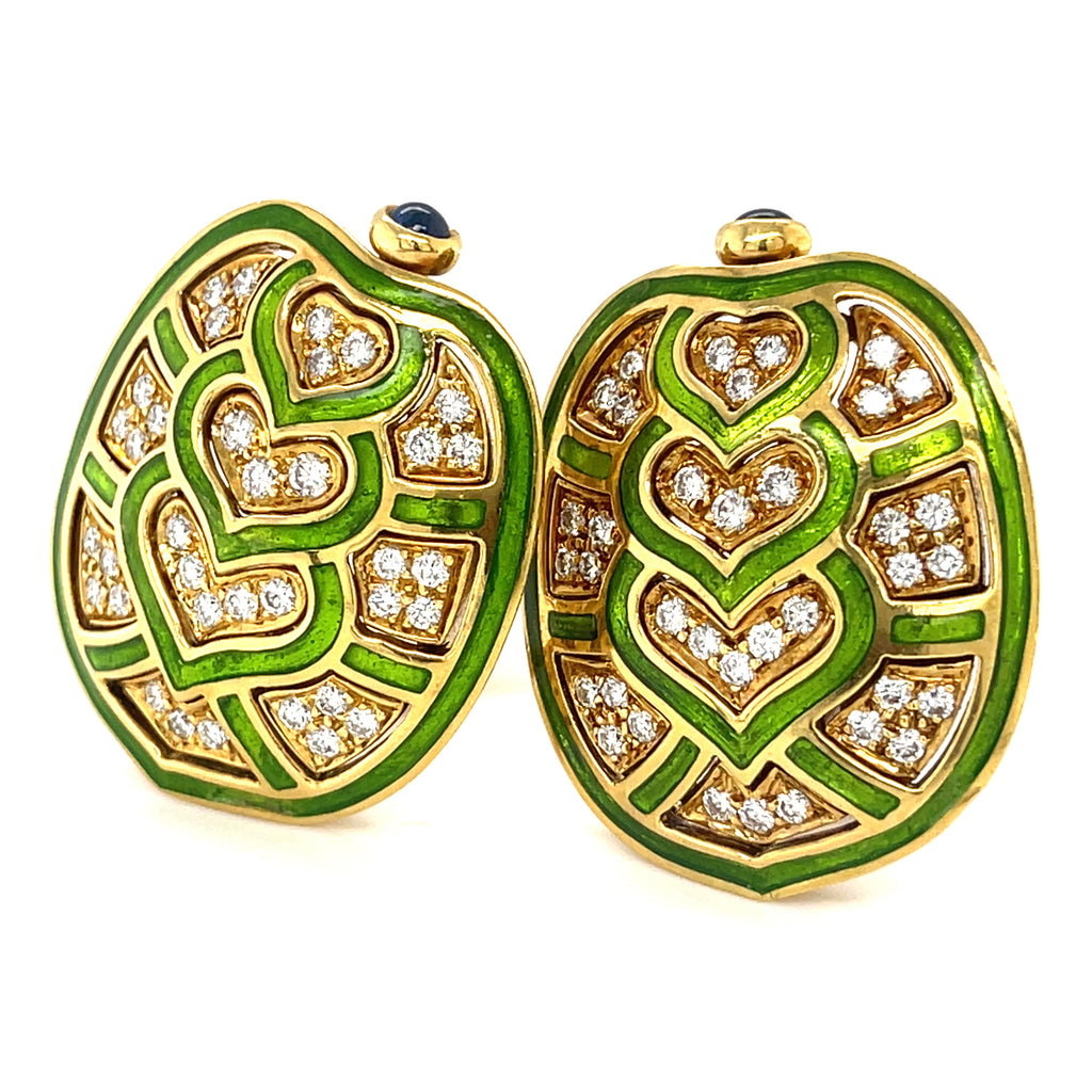 Judith Leiber 18k Yellow Gold Enamel 1.35ct Diamond & 0.30ct Sapphire Earrings