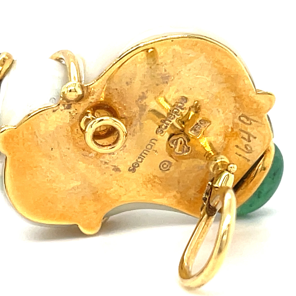 Seaman Schepps Pair of 18k Gold Turbo Shell and Cabochon Emerald Ear Clips