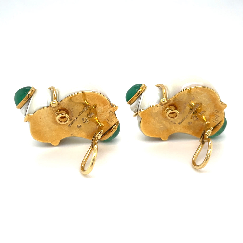 Seaman Schepps Pair of 18k Gold Turbo Shell and Cabochon Emerald Ear Clips