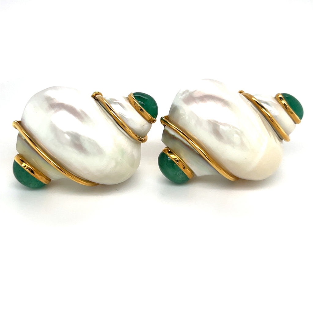 Seaman Schepps Pair of 18k Gold Turbo Shell and Cabochon Emerald Ear Clips