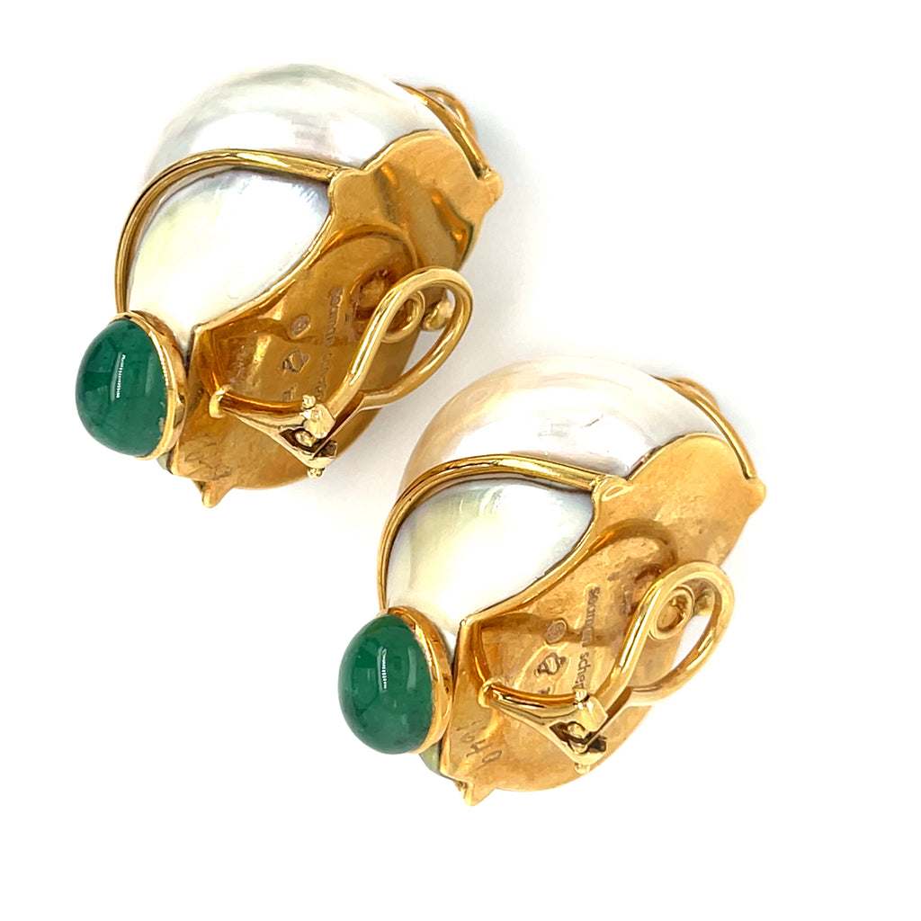 Seaman Schepps Pair of 18k Gold Turbo Shell and Cabochon Emerald Ear Clips