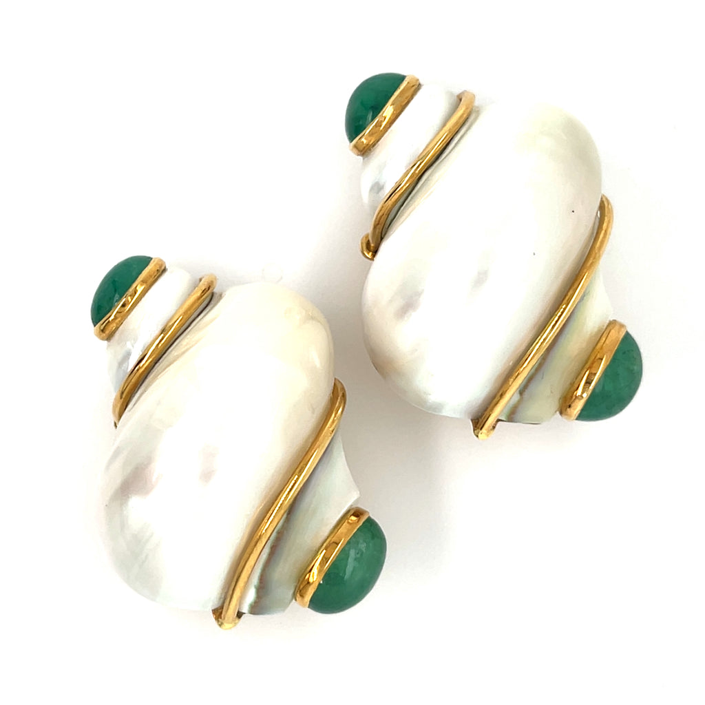 Seaman Schepps Pair of 18k Gold Turbo Shell and Cabochon Emerald Ear Clips