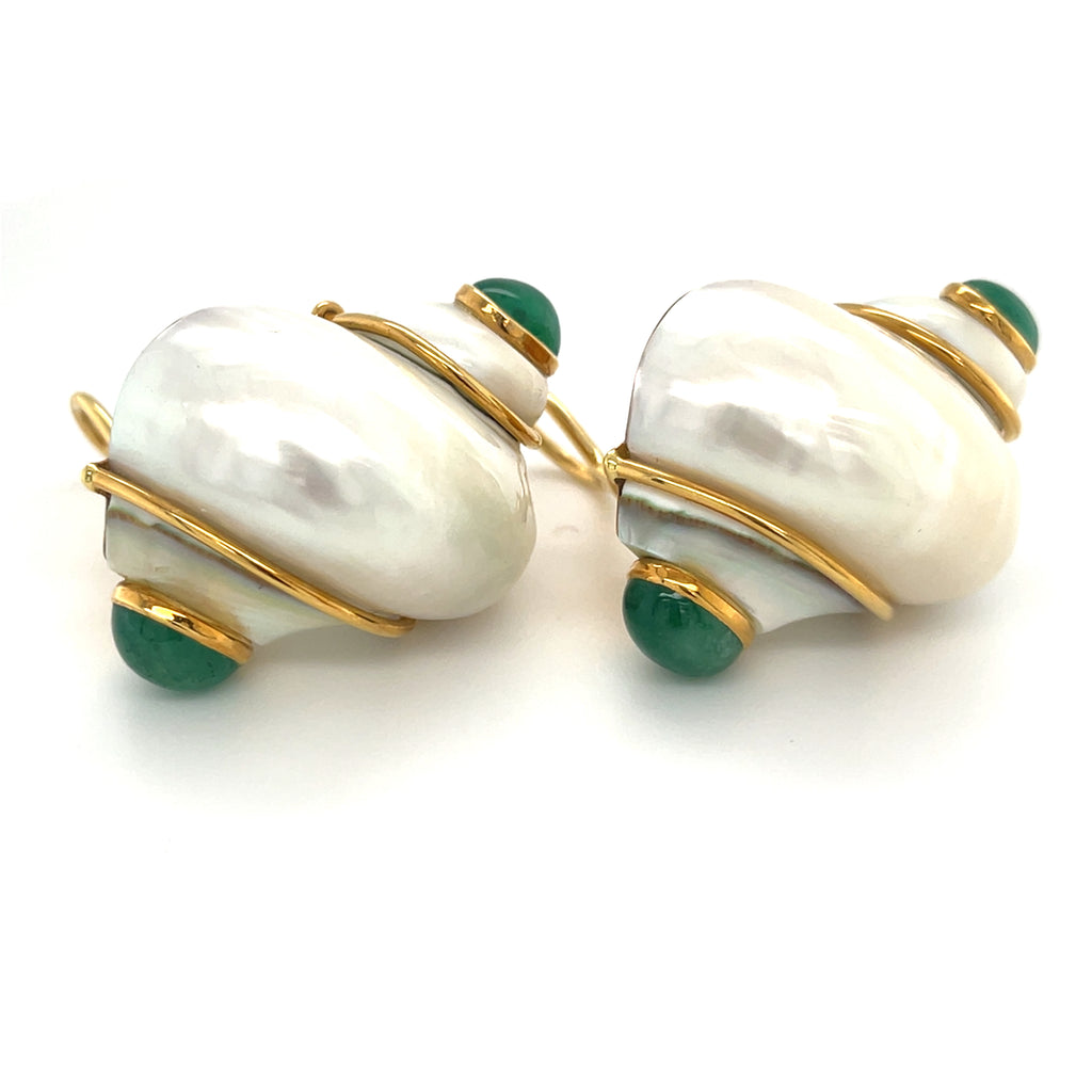 Seaman Schepps Pair of 18k Gold Turbo Shell and Cabochon Emerald Ear Clips