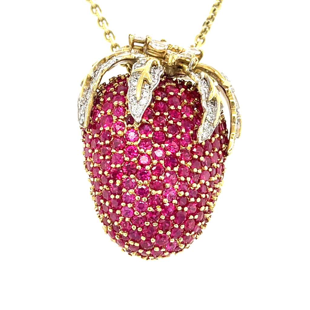 18k Yellow Gold 10ct Ruby 1.5ct Diamond Strawberry Pendant/Brooch w/ 18" Chain