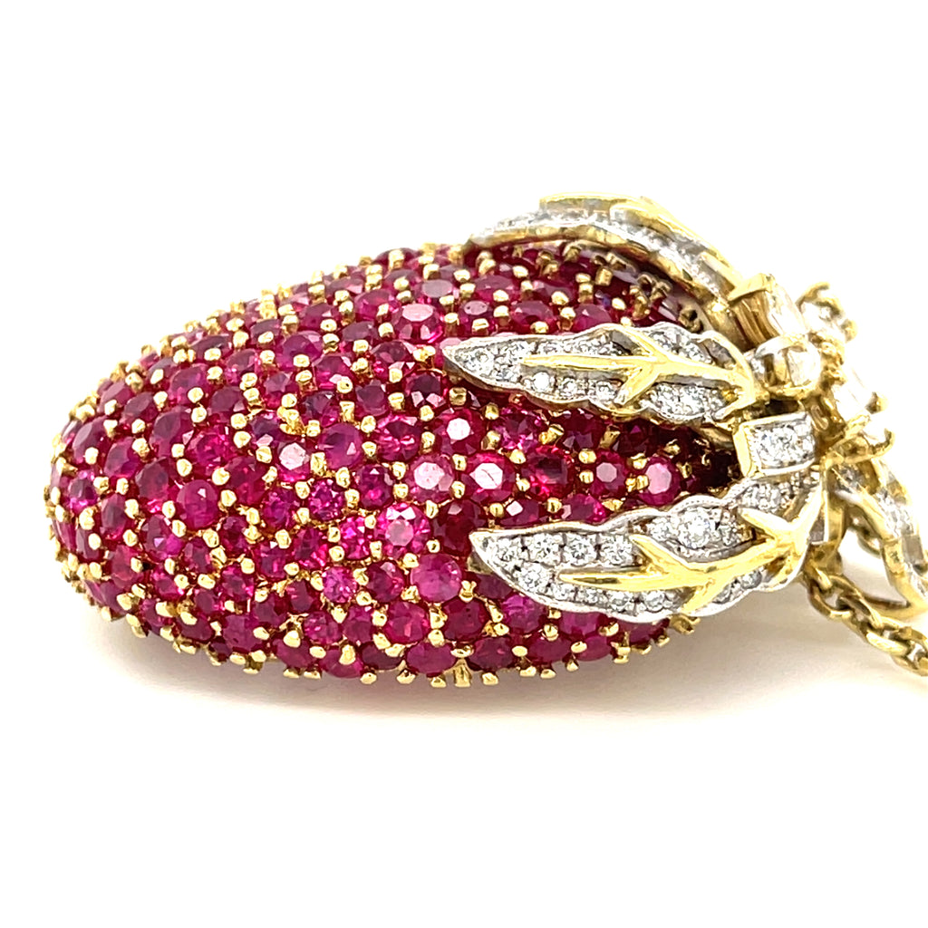 18k Yellow Gold 10ct Ruby 1.5ct Diamond Strawberry Pendant/Brooch w/ 18" Chain