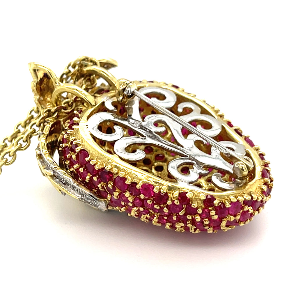 18k Yellow Gold 10ct Ruby 1.5ct Diamond Strawberry Pendant/Brooch w/ 18" Chain