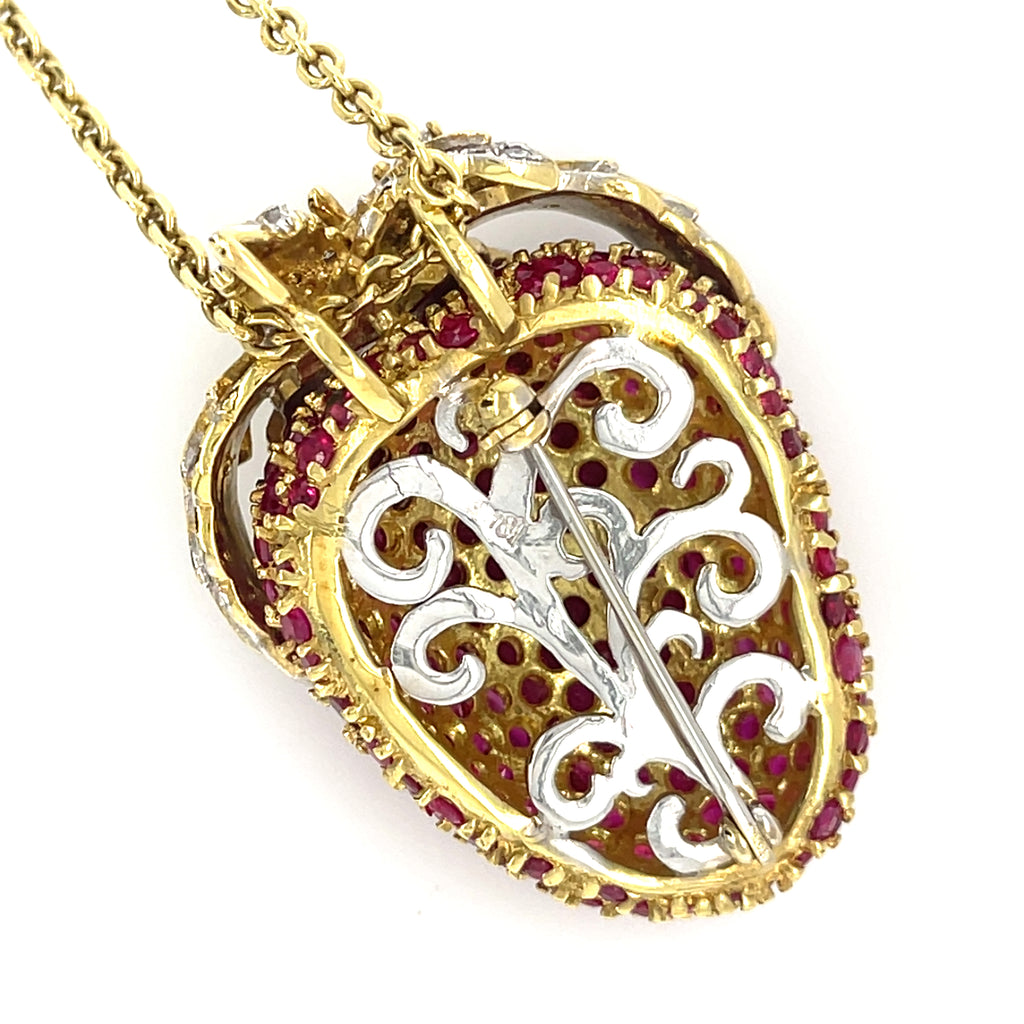 18k Yellow Gold 10ct Ruby 1.5ct Diamond Strawberry Pendant/Brooch w/ 18" Chain