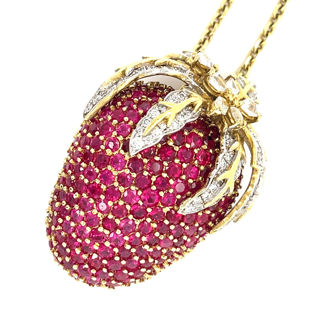 18k Yellow Gold 10ct Ruby 1.5ct Diamond Strawberry Pendant/Brooch w/ 18" Chain