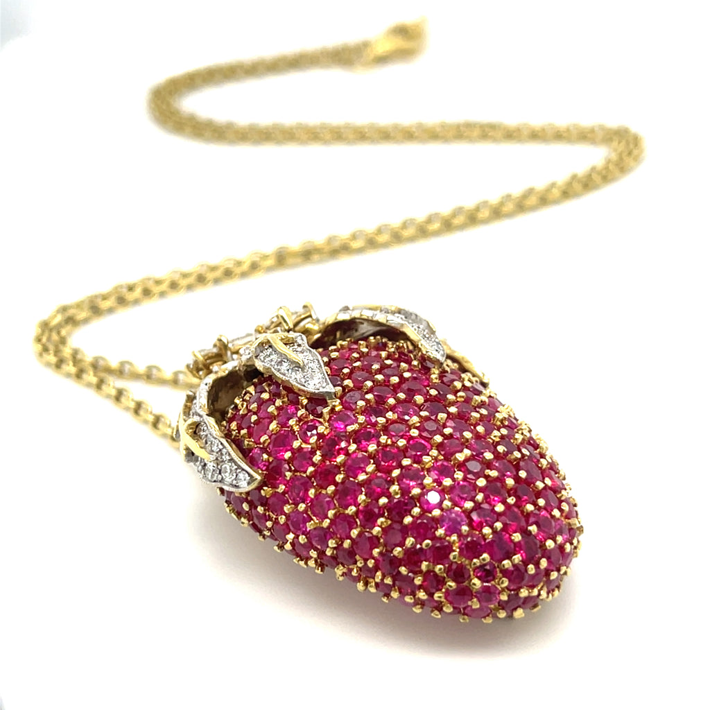 18k Yellow Gold 10ct Ruby 1.5ct Diamond Strawberry Pendant/Brooch w/ 18" Chain