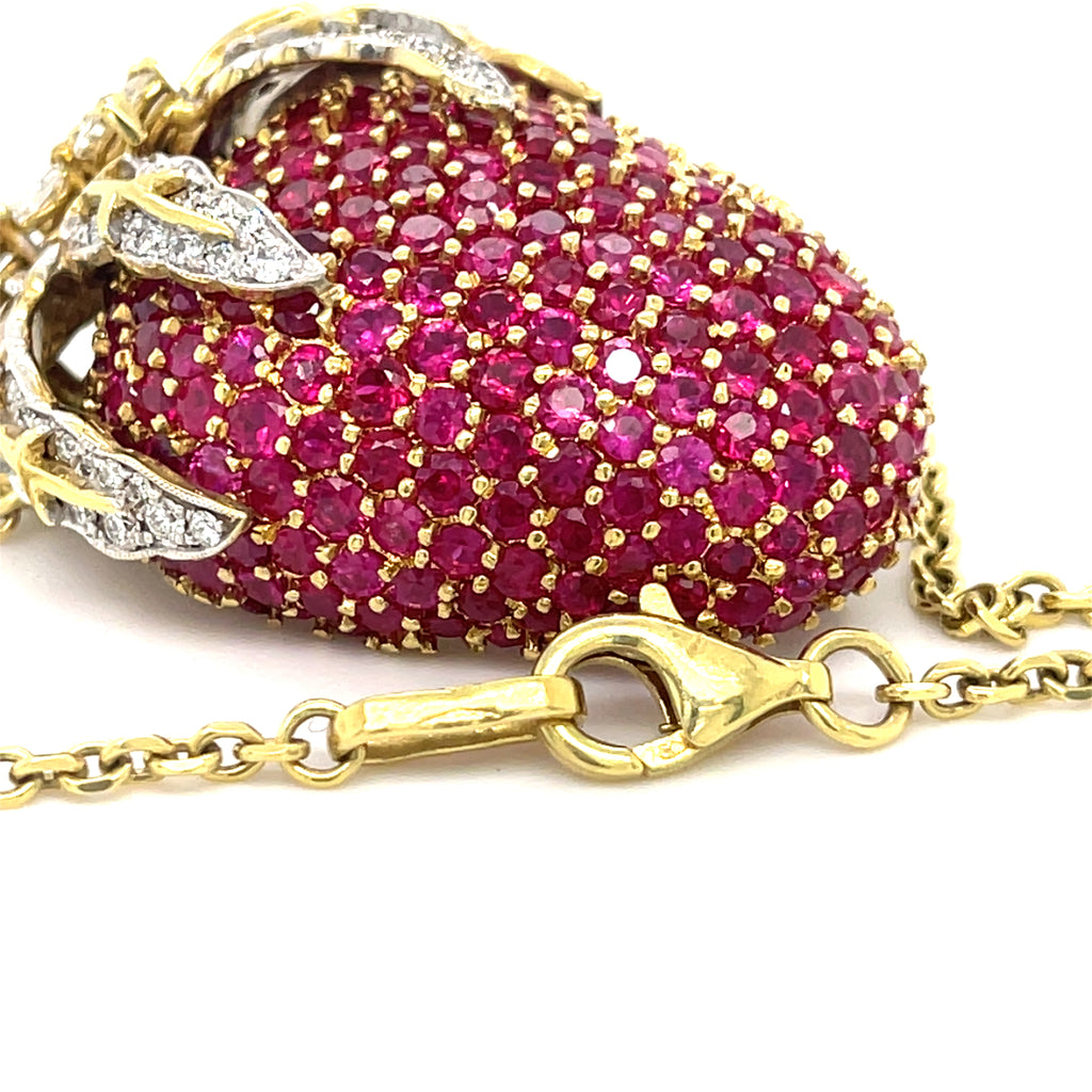 18k Yellow Gold 10ct Ruby 1.5ct Diamond Strawberry Pendant/Brooch w/ 18" Chain