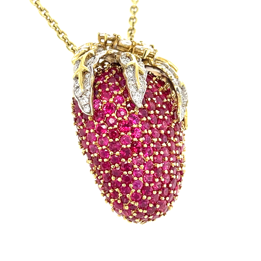 18k Yellow Gold 10ct Ruby 1.5ct Diamond Strawberry Pendant/Brooch w/ 18" Chain