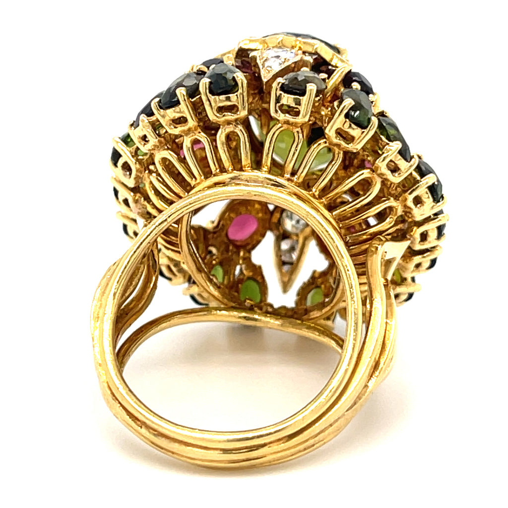 18k Gold 8.75ct Peridot, 5.60ct Tourmaline, 1.9ct Diamond Ring Size 8 1/4