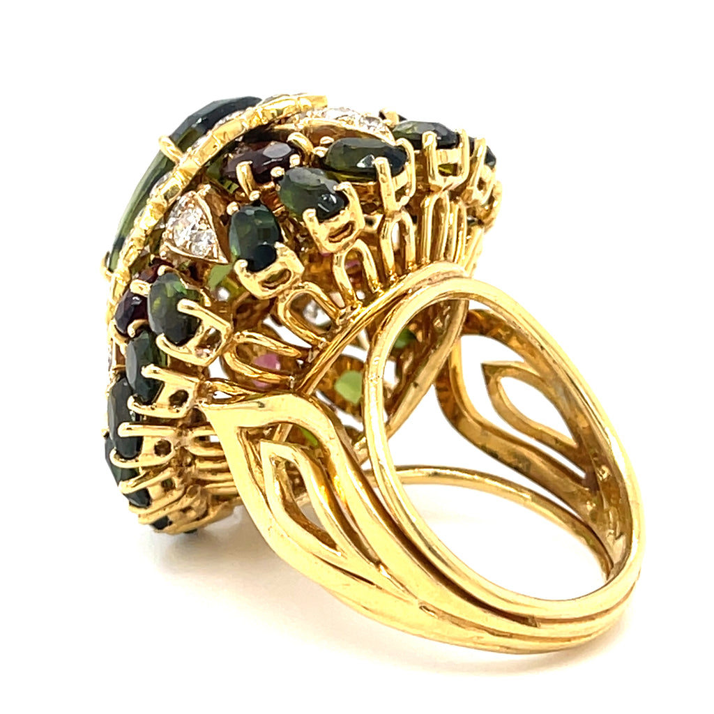 18k Gold 8.75ct Peridot, 5.60ct Tourmaline, 1.9ct Diamond Ring Size 8 1/4