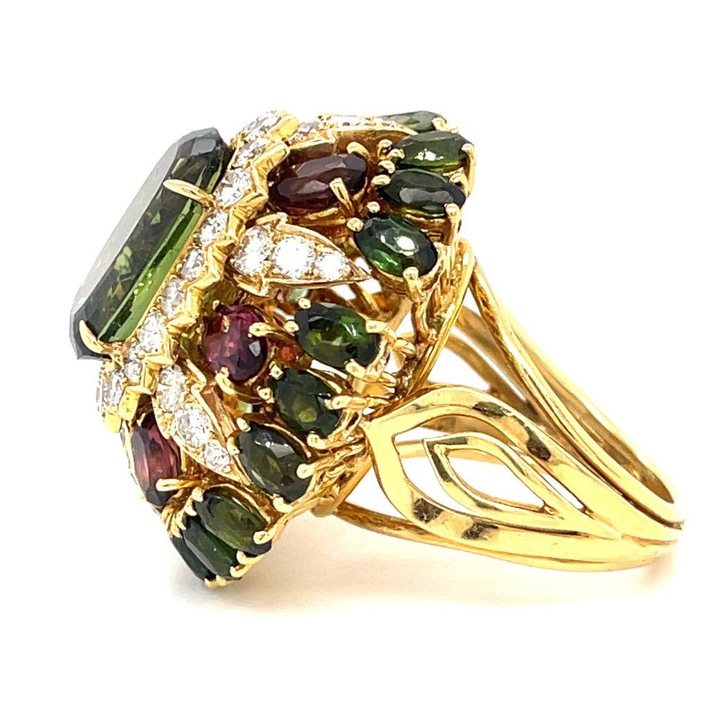 18k Gold 8.75ct Peridot, 5.60ct Tourmaline, 1.9ct Diamond Ring Size 8 1/4