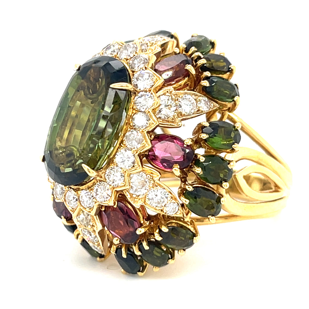 18k Gold 8.75ct Peridot, 5.60ct Tourmaline, 1.9ct Diamond Ring Size 8 1/4
