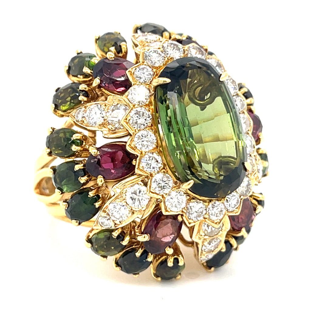 18k Gold 8.75ct Peridot, 5.60ct Tourmaline, 1.9ct Diamond Ring Size 8 1/4