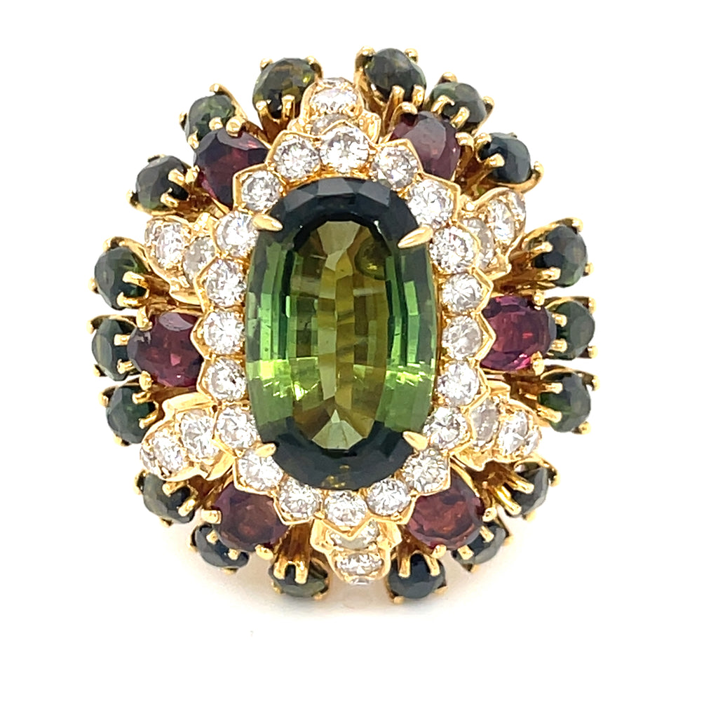 18k Gold 8.75ct Peridot, 5.60ct Tourmaline, 1.9ct Diamond Ring Size 8 1/4