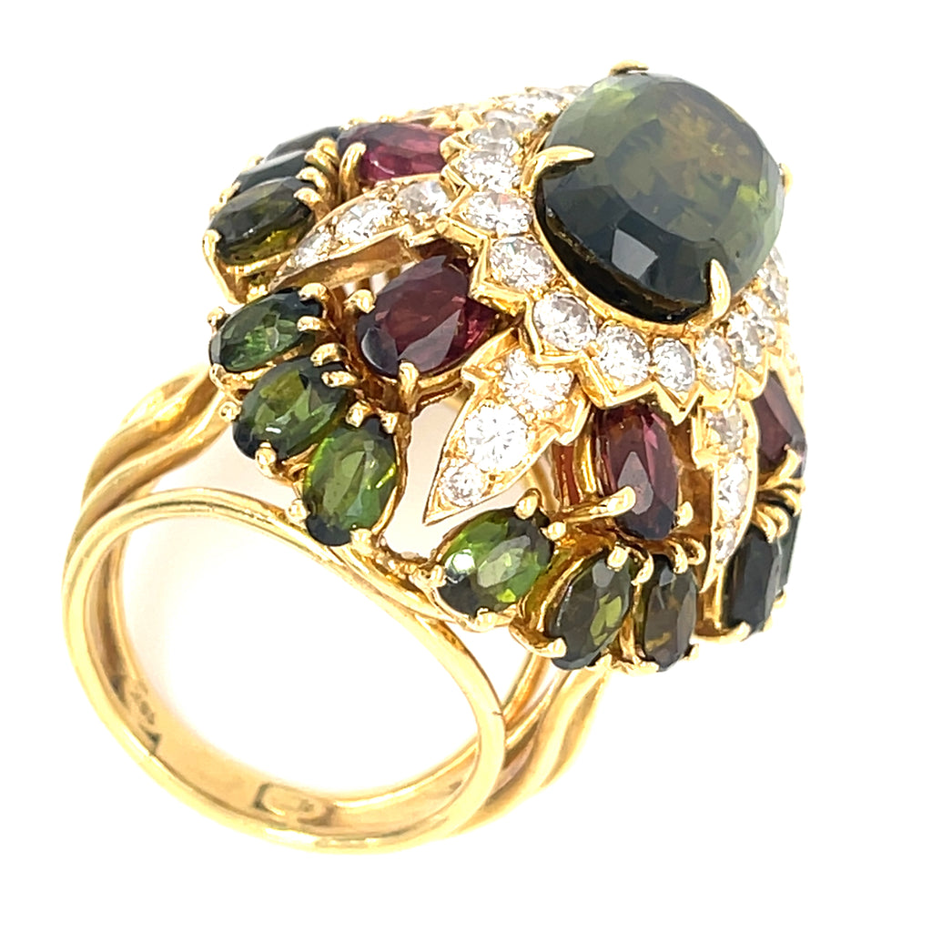 18k Gold 8.75ct Peridot, 5.60ct Tourmaline, 1.9ct Diamond Ring Size 8 1/4