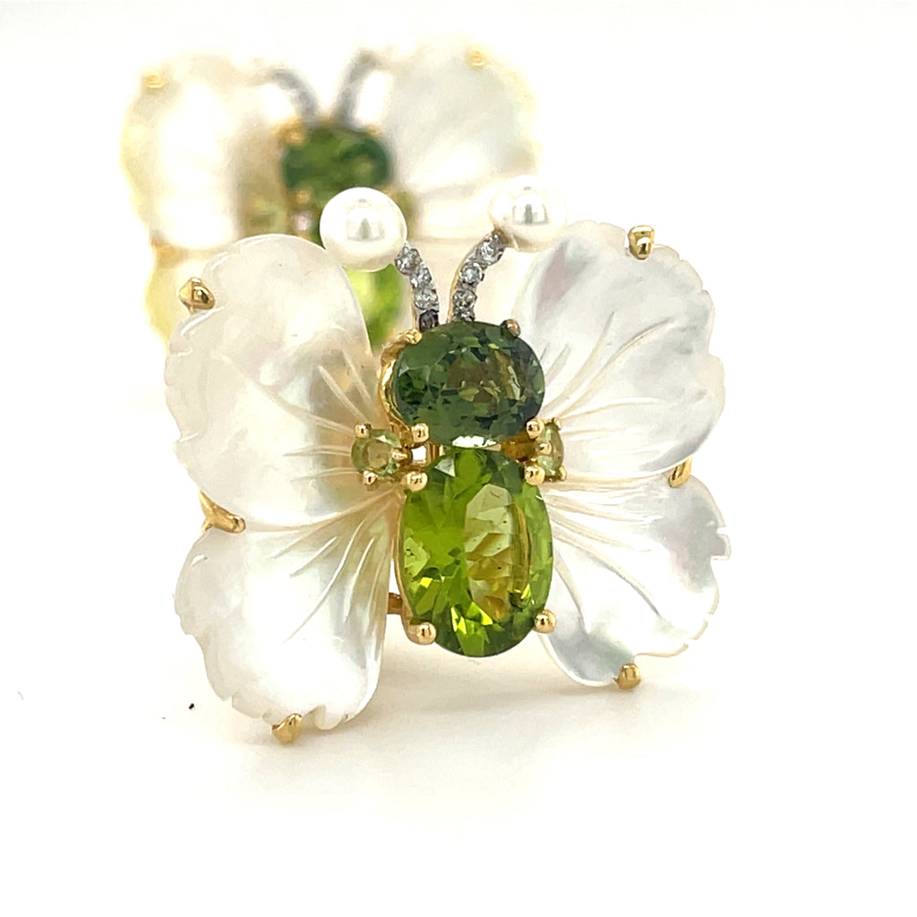 18k Gold Mother of Pearl, Peridot and Diamond Butterfly Clip Earrings