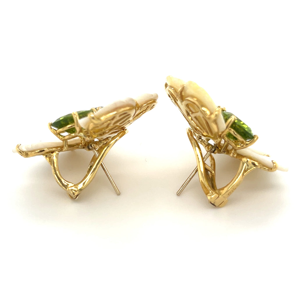 18k Gold Mother of Pearl, Peridot and Diamond Butterfly Clip Earrings
