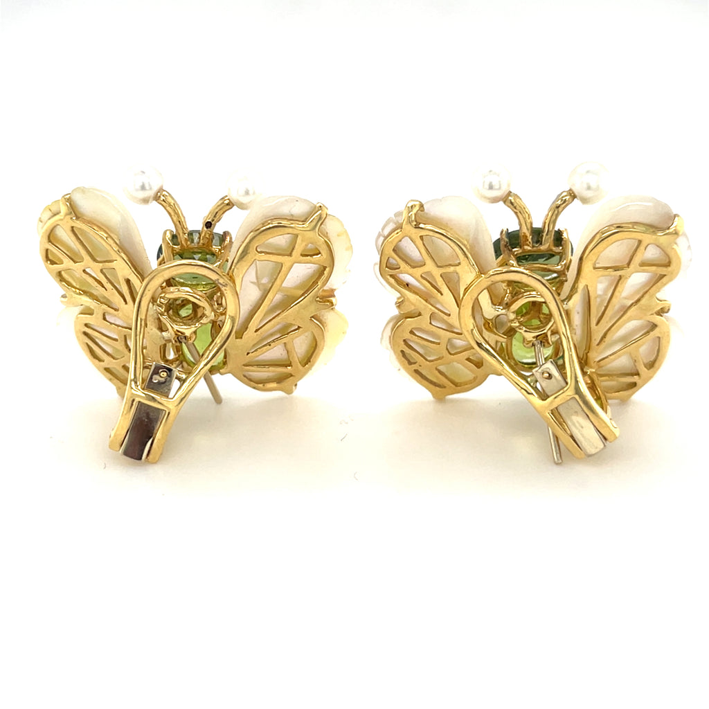 18k Gold Mother of Pearl, Peridot and Diamond Butterfly Clip Earrings