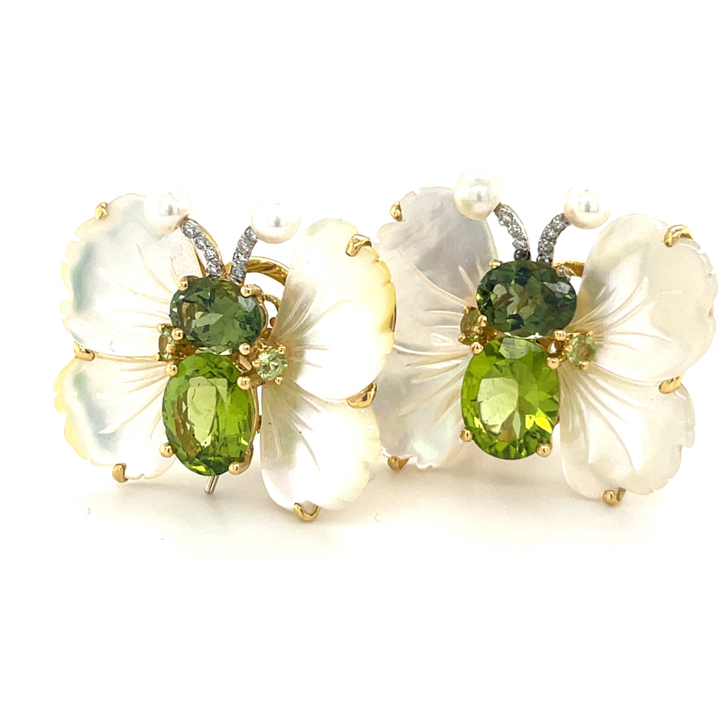 18k Gold Mother of Pearl, Peridot and Diamond Butterfly Clip Earrings