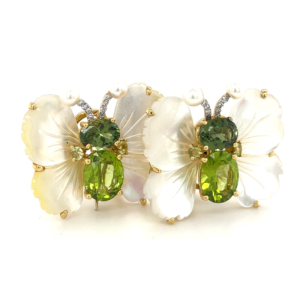 18k Gold Mother of Pearl, Peridot and Diamond Butterfly Clip Earrings