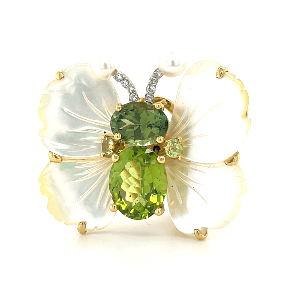 18k Gold Mother of Pearl, Peridot and Diamond Butterfly Clip Earrings