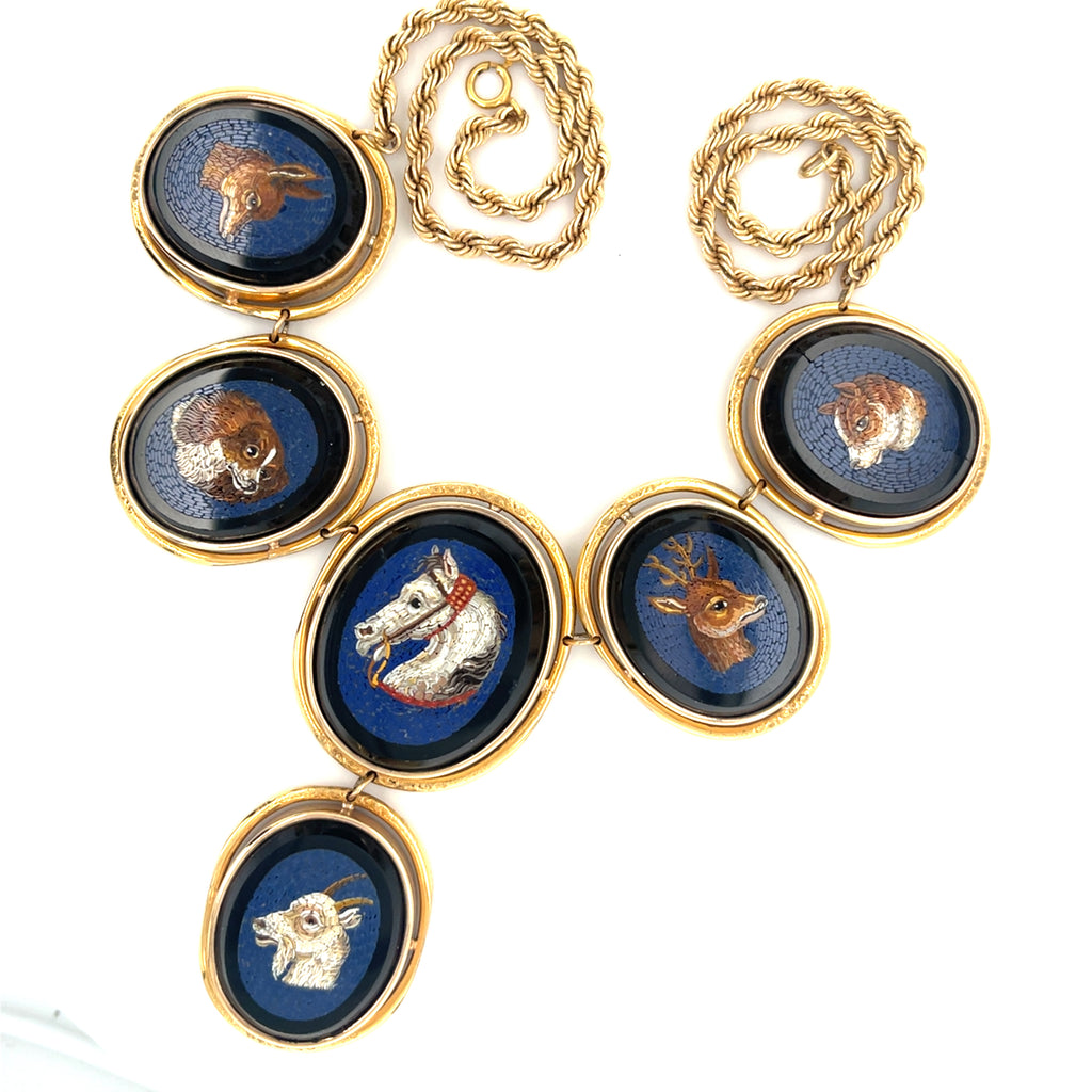 14k Gold Animal-Themed Micromosaic 16" Necklace and Ring Size 7.75 Jewelry Set