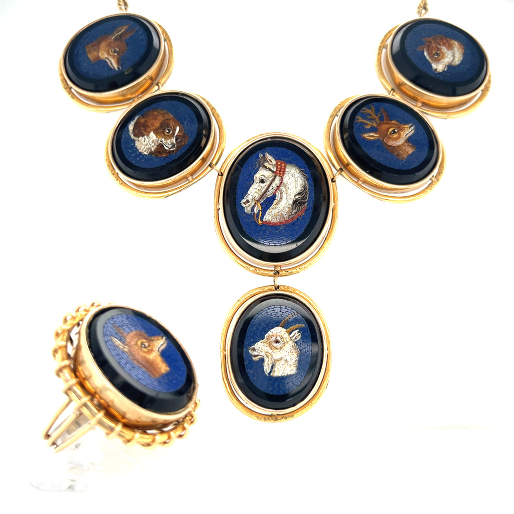 14k Gold Animal-Themed Micromosaic 16" Necklace and Ring Size 7.75 Jewelry Set