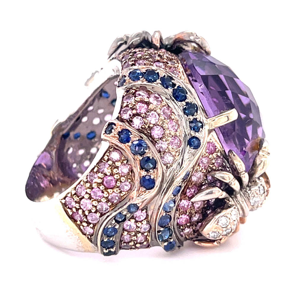 18k White Gold 20 ct Amethyst Cocktail Ring with Sapphire and Diamond Accents