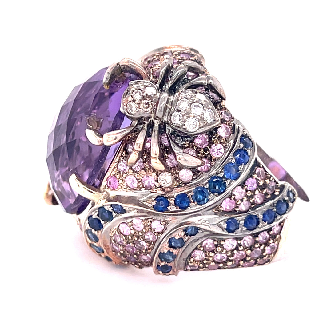 18k White Gold 20 ct Amethyst Cocktail Ring with Sapphire and Diamond Accents