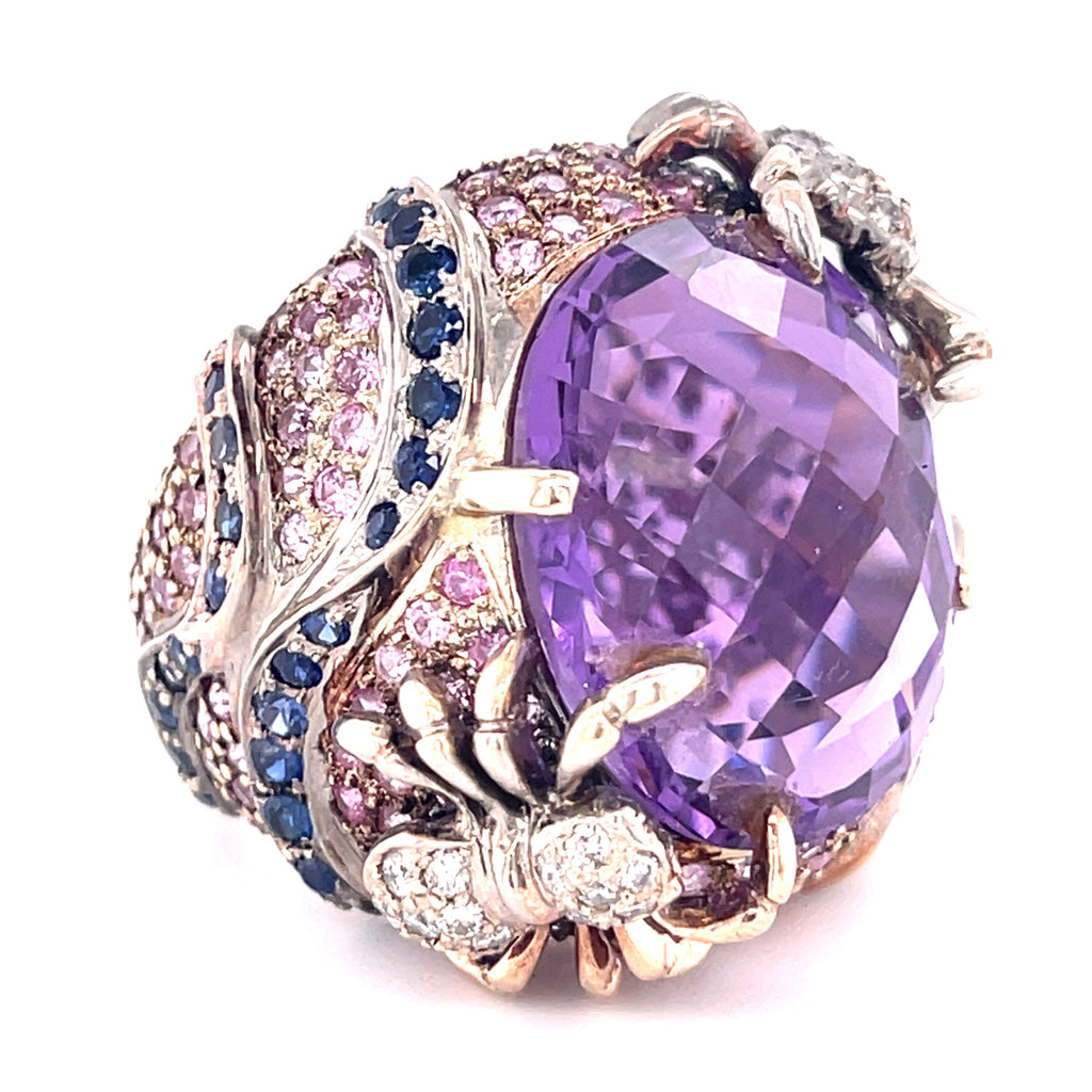 18k White Gold 20 ct Amethyst Cocktail Ring with Sapphire and Diamond Accents