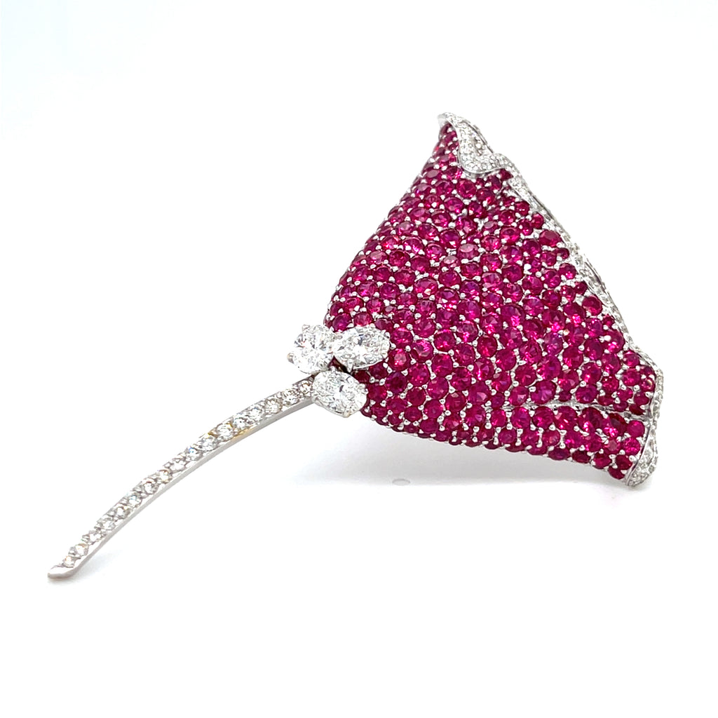 Gorgeous 18k White Gold Ruby and Diamond Floral Brooch 11.50 CTW