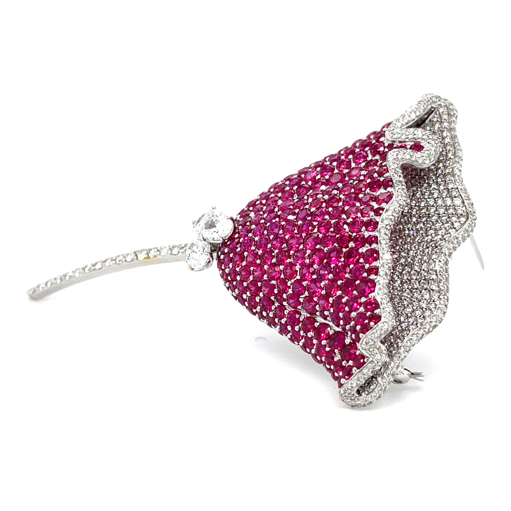 Gorgeous 18k White Gold Ruby and Diamond Floral Brooch 11.50 CTW