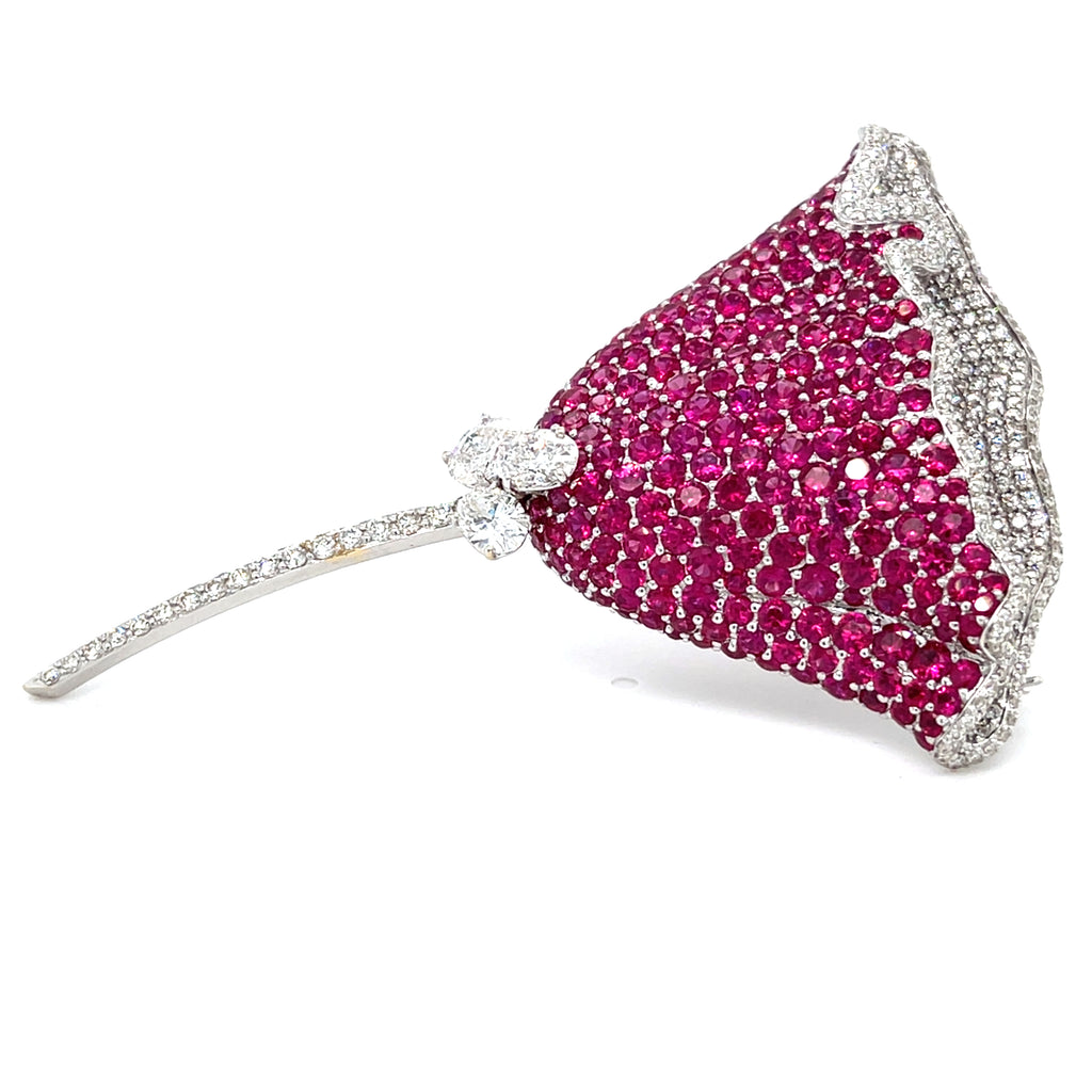 Gorgeous 18k White Gold Ruby and Diamond Floral Brooch 11.50 CTW