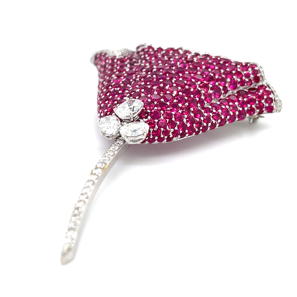 Gorgeous 18k White Gold Ruby and Diamond Floral Brooch 11.50 CTW