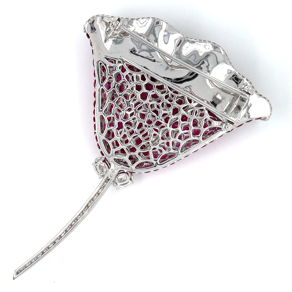 Gorgeous 18k White Gold Ruby and Diamond Floral Brooch 11.50 CTW